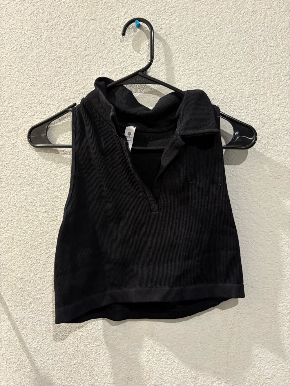 90 Degree By Reflex Black Ribbed Sleeveless Polo Crop Top